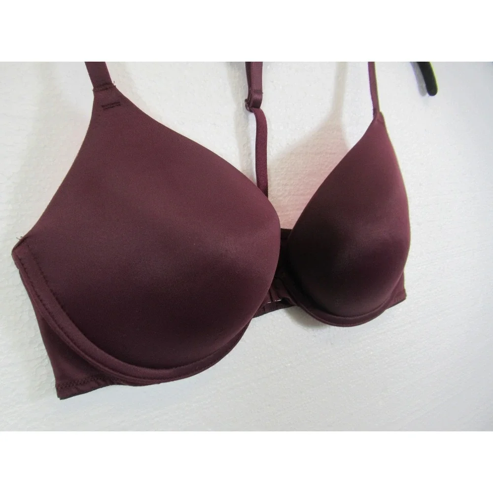 Victoria's Secret PINK Front Close Push Up Bra 34C Burgundy Underwire T-Strap